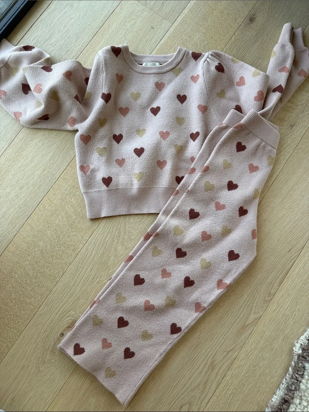 Rylee + Cru Blush Pink Heart Knit Top and bottoms 8-9y